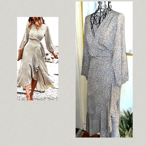 SUPREME FASHION "KHAKI" FLORAL PRINT WRAP DRESS W/RUFFLE DETAILING~MISSES LARGE - Picture 1 of 5